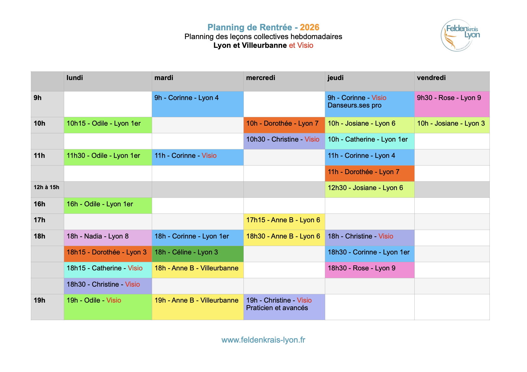 Feldenkrais - Planning Feldenkrais Lyon Rentrée 2026 - Lyon et Villeurbanne
