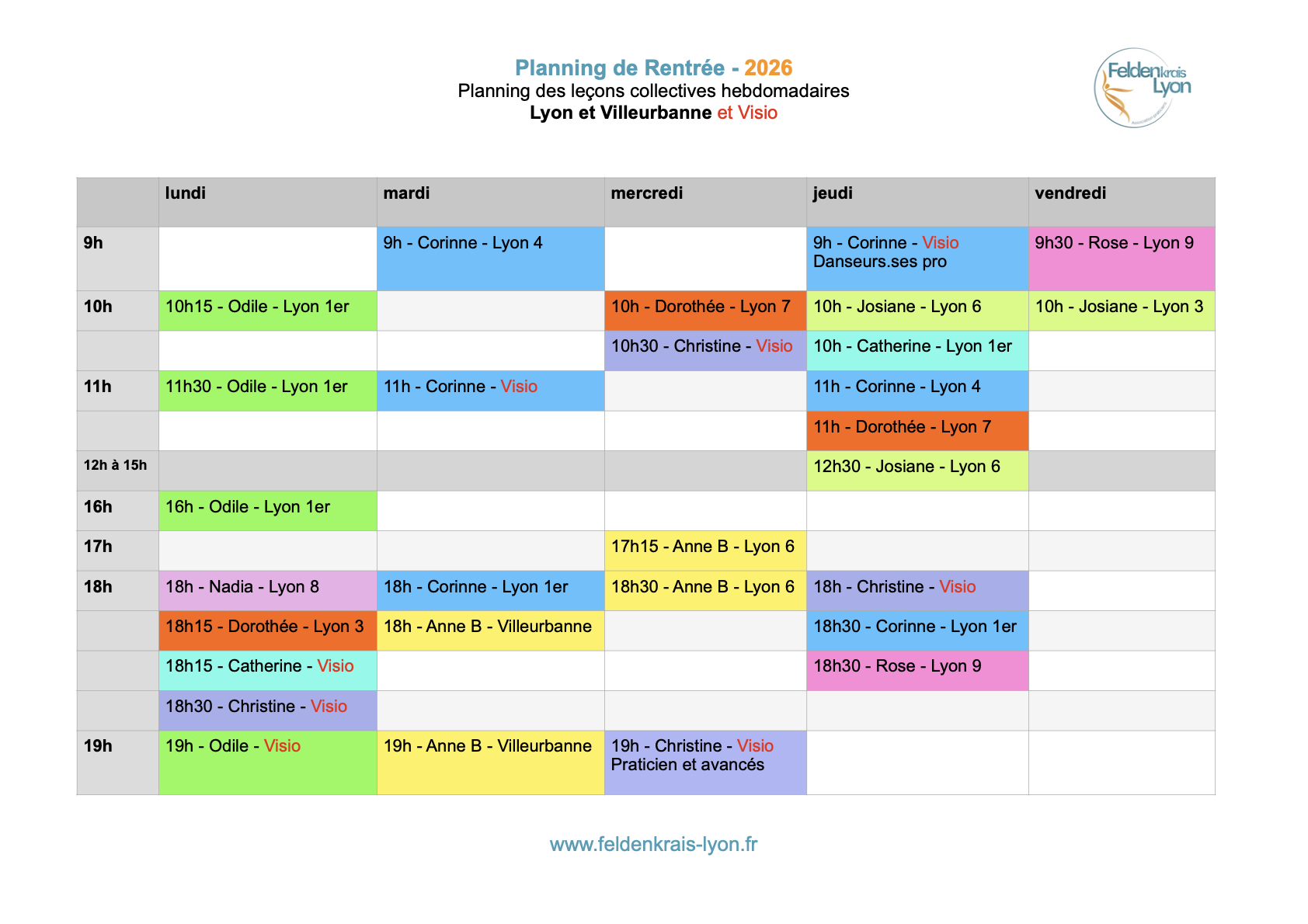Feldenkrais - Planning Feldenkrais Lyon Rentrée 2026 - Lyon et Villeurbanne