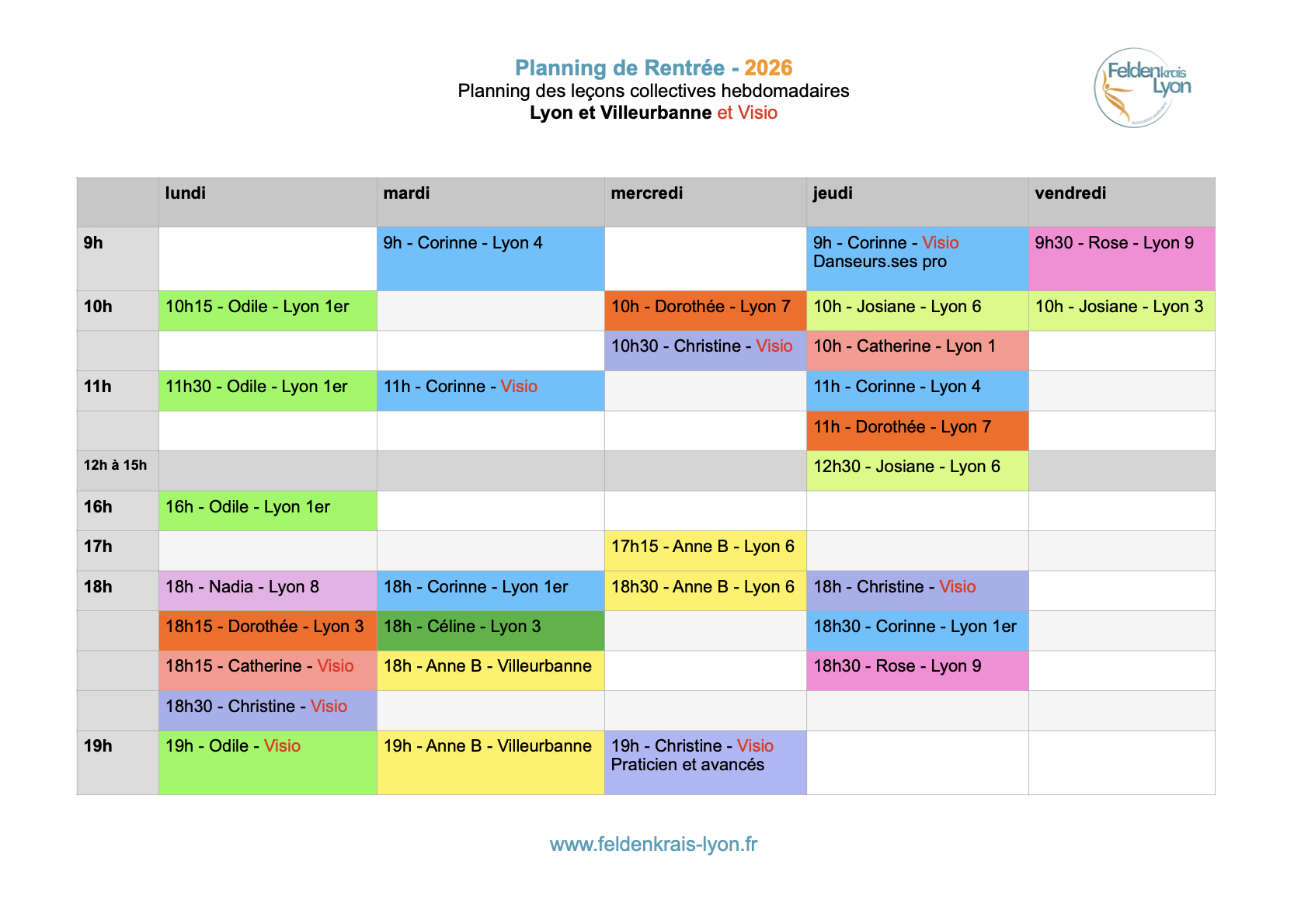 Feldenkrais - Planning Feldenkrais Lyon Rentrée 2026 - Lyon et Villeurbanne