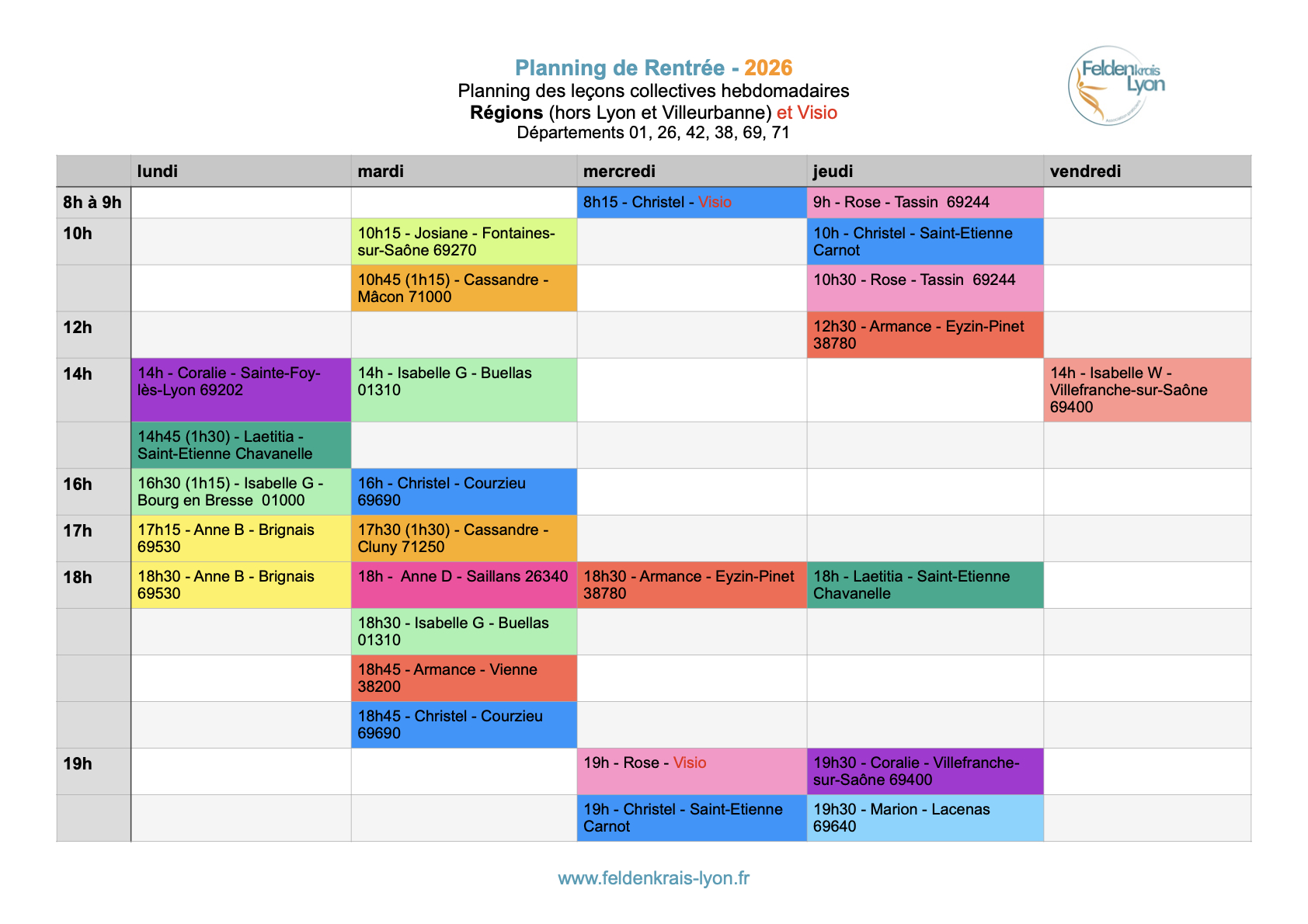 Feldenkrais - Planning Feldenkrais Lyon Rentrée 2026 - Régions (hors Lyon et Villeurbanne)