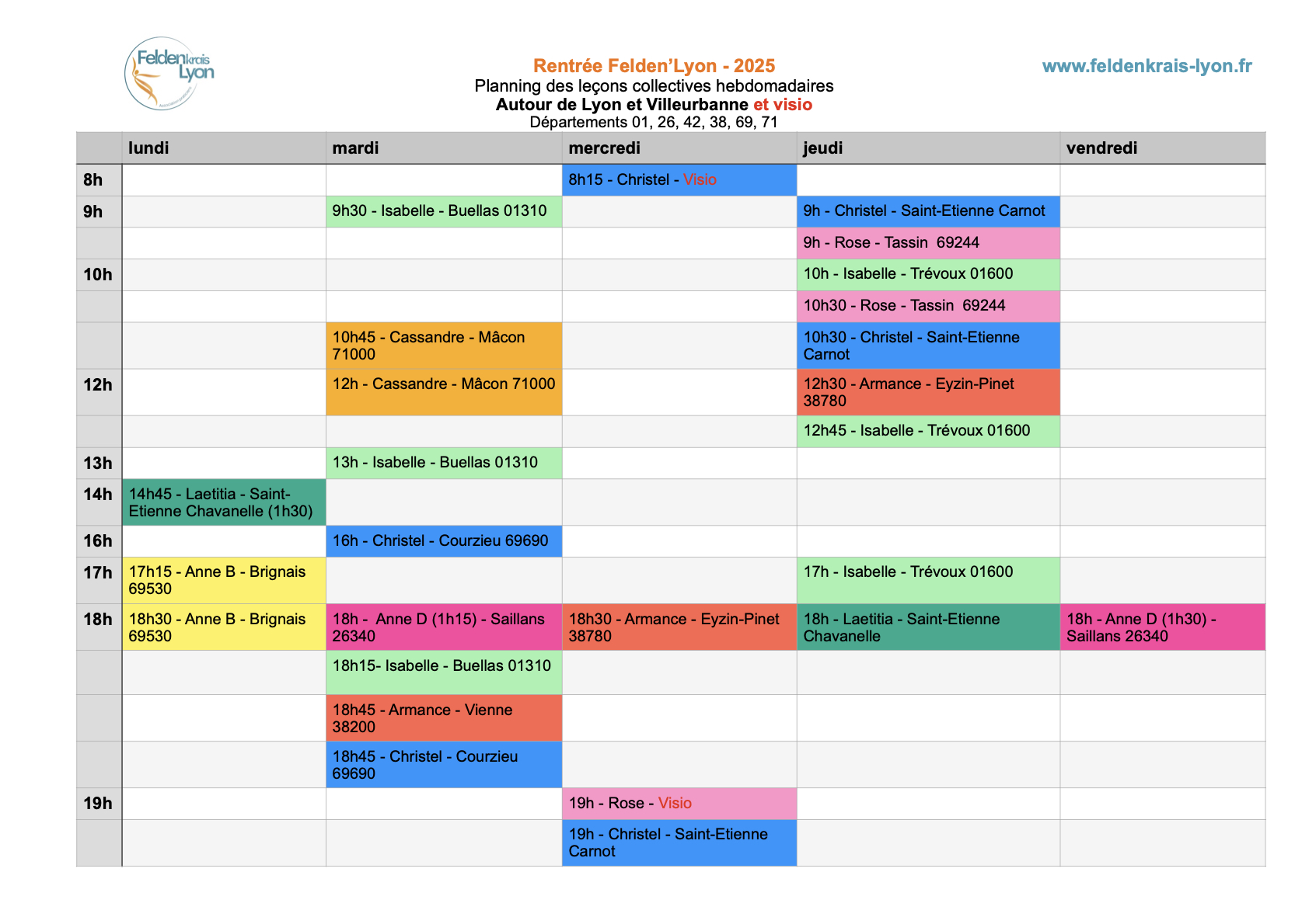 Feldenkrais - Planning Felden'Lyon Rentrée 2025 - Hors Lyon et Villeurbanne